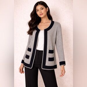 Neiman Marcus Gray Black Cashmere Cardigan Open Front Quiet Luxury Minimalist M